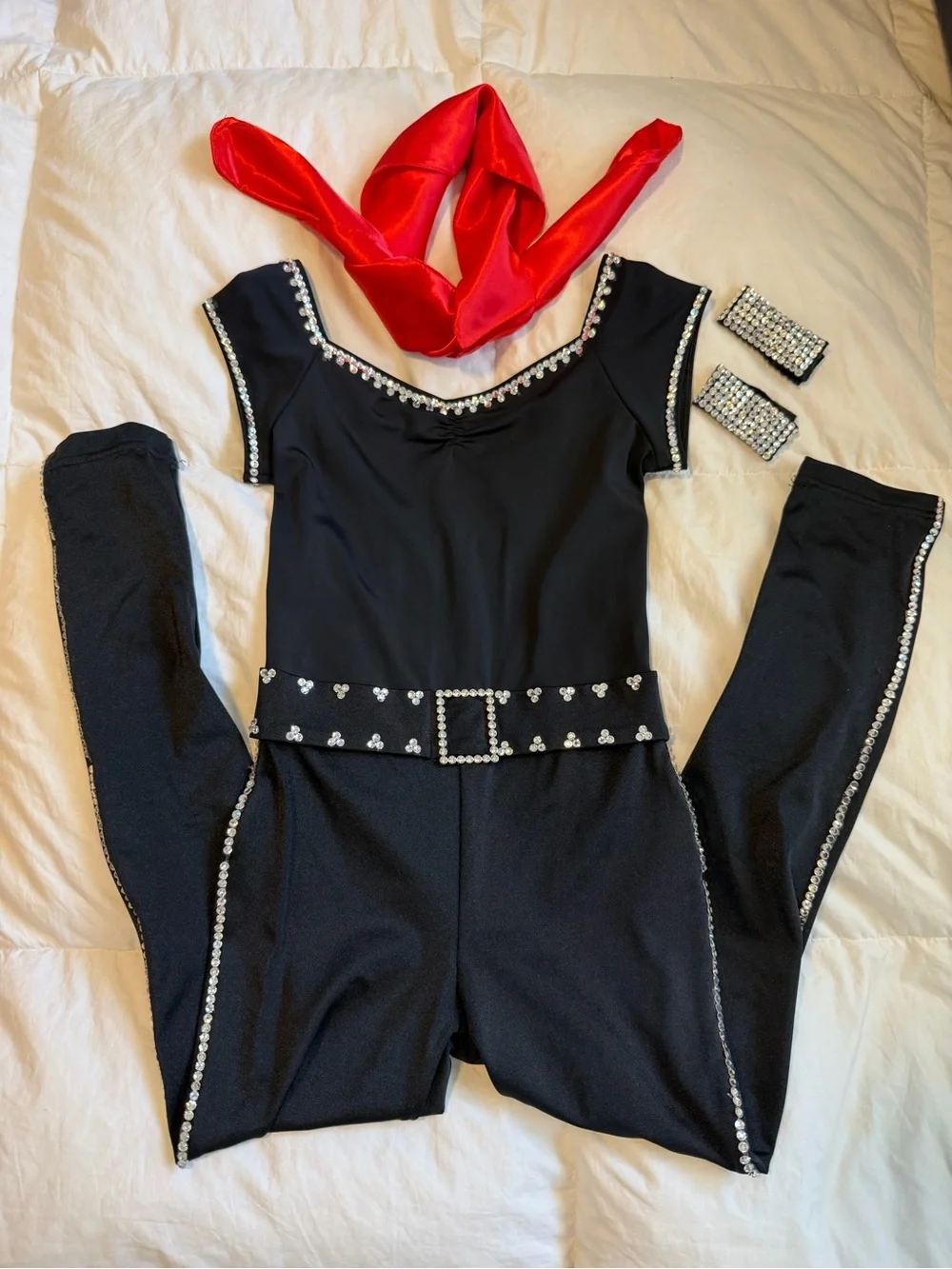 Girls Black Gem-Trim Jumpsuit with Rhinestone Belt